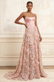 Blush A-Line Strapless Corset Sequins Floral Long Formal Dress with 3D Flowers