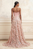 Blush A-Line Strapless Corset Sequins Floral Long Formal Dress with 3D Flowers