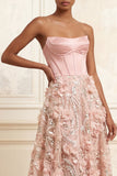 Blush A-Line Strapless Corset Sequins Floral Long Formal Dress with 3D Flowers