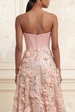 Blush A-Line Strapless Corset Sequins Floral Long Formal Dress with 3D Flowers