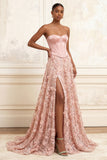 Blush Floral A-Line Sequins Basque Waist Long Corset Formal Dress with Slit