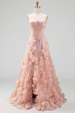 Blush Floral A-Line Sequins Basque Waist Long Corset Formal Dress with Slit