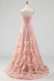 Blush Floral A-Line Sequins Basque Waist Long Corset Formal Dress with Slit