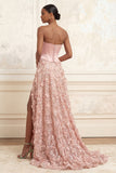 Blush Floral A-Line Sequins Basque Waist Long Corset Formal Dress with Slit