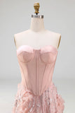 Blush Floral A-Line Sequins Basque Waist Long Corset Formal Dress with Slit