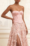 Blush Floral A-Line Sequins Basque Waist Long Corset Formal Dress with Slit