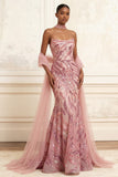 Sparkly Pink Mermaid Strapless Sequins Long Prom Dress with Cape