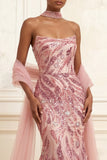Sparkly Pink Mermaid Strapless Sequins Long Prom Dress with Cape