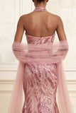 Sparkly Pink Mermaid Strapless Sequins Long Prom Dress with Cape