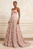 Blush A-Line Strapless Corset Sequins Appliqued Long Formal Dress with 3D Flowers
