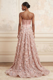 Blush A-Line Strapless Corset Sequins Appliqued Long Formal Dress with 3D Flowers