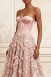 Blush A-Line Strapless Corset Sequins Appliqued Long Formal Dress with 3D Flowers