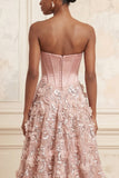 Blush A-Line Strapless Corset Sequins Appliqued Long Formal Dress with 3D Flowers