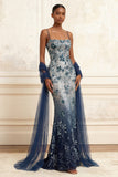 Floral Embroidery Ombre Sequin Long Formal Dress with Tulle Shawl