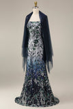 Floral Embroidery Ombre Sequin Long Formal Dress with Tulle Shawl
