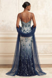 Floral Embroidery Ombre Sequin Long Formal Dress with Tulle Shawl