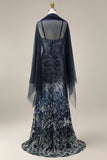 Floral Embroidery Ombre Sequin Long Formal Dress with Tulle Shawl