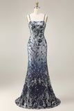 Floral Embroidery Ombre Sequin Long Formal Dress with Tulle Shawl