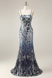 Sparkly Navy Mermaid Sequins Long Prom Dress with Cape