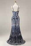 Floral Embroidery Ombre Sequin Long Formal Dress with Tulle Shawl