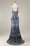 Sparkly Navy Mermaid Sequins Long Prom Dress with Cape