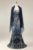 Floral Embroidery Ombre Sequin Long Formal Dress with Tulle Shawl