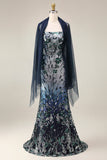 Sparkly Navy Mermaid Sequins Long Prom Dress with Cape