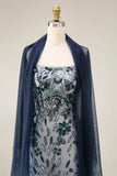 Floral Embroidery Ombre Sequin Long Formal Dress with Tulle Shawl
