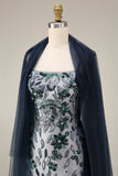 Floral Embroidery Ombre Sequin Long Formal Dress with Tulle Shawl