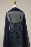 Floral Embroidery Ombre Sequin Long Formal Dress with Tulle Shawl
