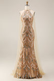 Sparkly Champagne Halter Mermaid Sequins Long Formal Dress