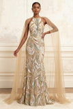 Sparkly Champagne Halter Mermaid Sequins Long Formal Dress
