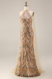 Sparkly Champagne Halter Mermaid Sequins Long Formal Dress