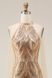 Sparkly Champagne Halter Mermaid Sequins Long Formal Dress
