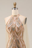 Sparkly Champagne Halter Mermaid Sequins Long Formal Dress