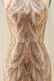 Sparkly Champagne Halter Mermaid Sequins Long Formal Dress