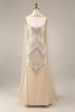 Sparkly Mermaid Apricot Beaded Long Formal Dress with Shawl