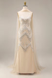 Sparkly Apricot Mermaid Beaded Long Formal Dress with Shawl