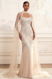 Sparkly Mermaid Apricot Beaded Long Formal Dress with Shawl
