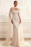 Sparkly Mermaid Apricot Beaded Long Formal Dress with Shawl