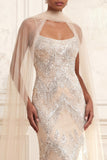 Sparkly Mermaid Apricot Beaded Long Formal Dress with Shawl