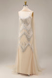Sparkly Apricot Mermaid Beaded Long Formal Dress with Shawl