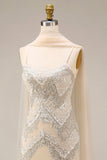 Sparkly Apricot Mermaid Beaded Long Formal Dress with Shawl