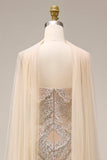 Sparkly Apricot Mermaid Beaded Long Formal Dress with Shawl