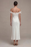 Off the Shoulder Satin Sheath Long White Reception Dress with Ruffles