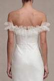 Off the Shoulder Satin Sheath Long White Reception Dress with Ruffles