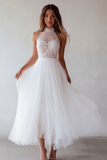 White Halter A-Line Cut Out Ruched Tulle Engagement Dress with Lace
