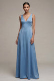 White V-Neck A Line Satin Long Engagement Dress