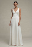 White V-Neck A Line Satin Long Engagement Dress