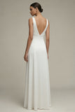 White V-Neck A Line Satin Long Engagement Dress
